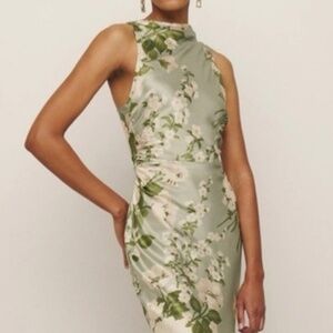 Reformation Anaiis Long Silk Dress Tarragon Green Floral | US 4 UK 8